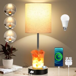 Dott Arts Table Lamp with Salt Lamp, 3-Way Dimmable Bedside Nightstand Lamp with USB Ports and AC Outlet, Touch Lamp for Living Room Bedrooms Reading Room, Bulbs Included