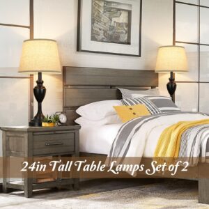 Sucolite 24" Tall Table Lamps with 2 USB Charging Ports, Farmhouse Rustic Bedside Nightstand Lamps for Bedrooms Set of 2, End Table Lamps Black for Living Room Office Dorm Reading