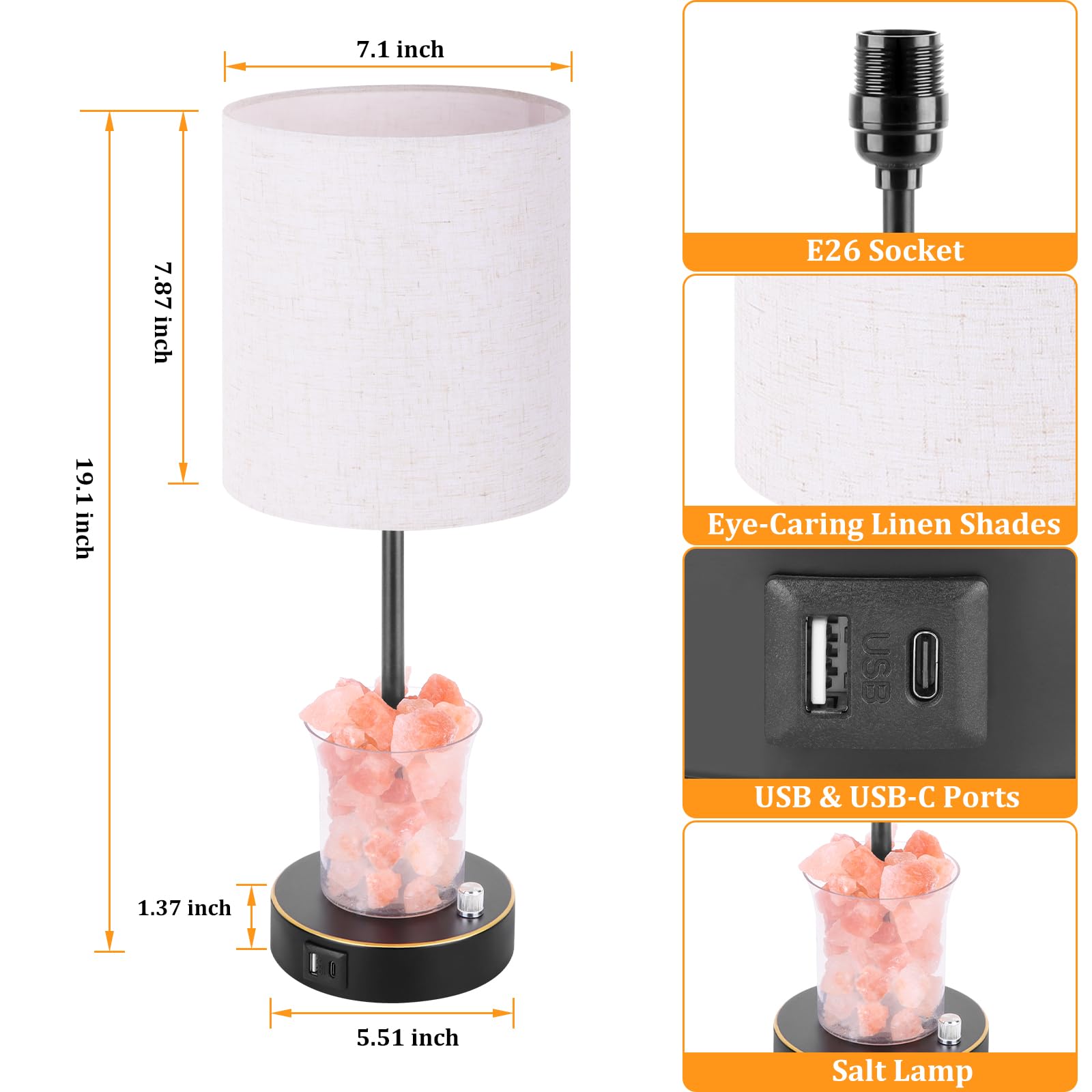 Dott Arts Table Lamp with Salt Lamp, 3-Way Dimmable Bedside Nightstand Lamp with USB Ports and AC Outlet, Touch Lamp for Living Room Bedrooms Reading Room, Bulbs Included