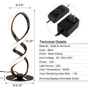 Adebime Modern Table lamp, Stepless Dimmable LED Spiral lamp Black Unique Bedside lamp, 12W 3200K Contemporary Nightstand Lamp, Warm White Office Desk lamp for Bedroom Living Room Home