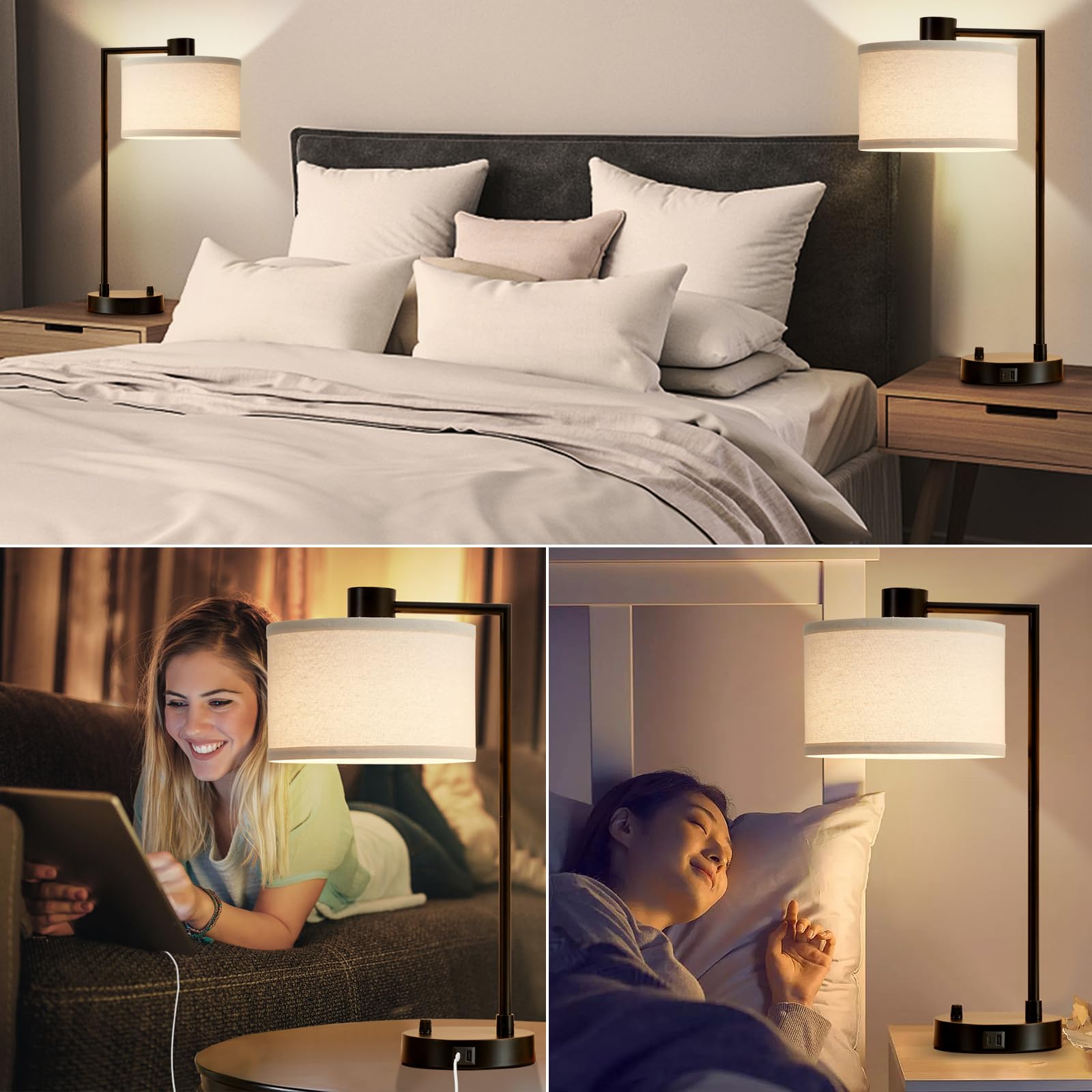 Luvkczc Table Lamp for Bedroom Set of 2 with USB C+A Ports, Fully Stepless Dimmable Bedside Lamp with Linen Lampshade, Contemporary Lamp for Living Room Reading Office, 2 LED Bulbs Included (Black)