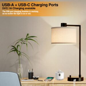 Luvkczc Table Lamp for Bedroom Set of 2 with USB C+A Ports, Fully Stepless Dimmable Bedside Lamp with Linen Lampshade, Contemporary Lamp for Living Room Reading Office, 2 LED Bulbs Included (Black)