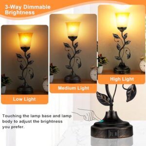 Touch Table Lamp Bedside Lamp, Nightstand Lamp with USB Charging Ports for Living Room, 3 Way Dimmable Traditional Leaf Lamp Retro Table Lamp for Bedroom with Amber Glass Lampshade (LED Bulb Included)