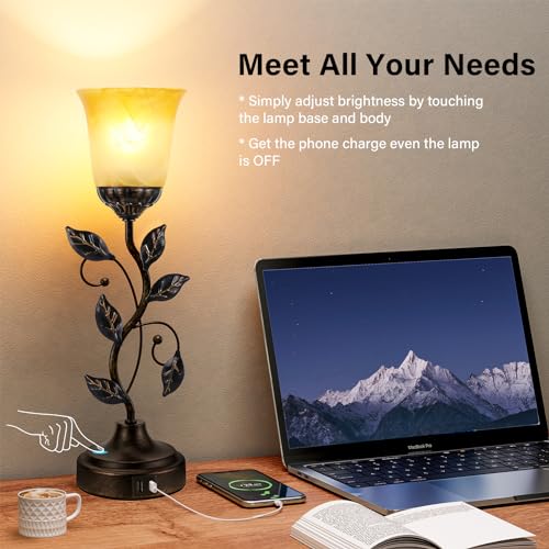 Touch Table Lamp Bedside Lamp, Nightstand Lamp with USB Charging Ports for Living Room, 3 Way Dimmable Traditional Leaf Lamp Retro Table Lamp for Bedroom with Amber Glass Lampshade (LED Bulb Included)