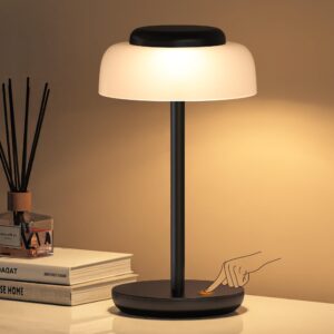 QiMH Battery Operated LED Table Lamp, 5000mAh Waterproof Cordless Desk Lamp with 3 Level Brightness Touch Control, Mini Rechargeable Night Light for Living Room, Bedroom, Outdoor bar (Black)