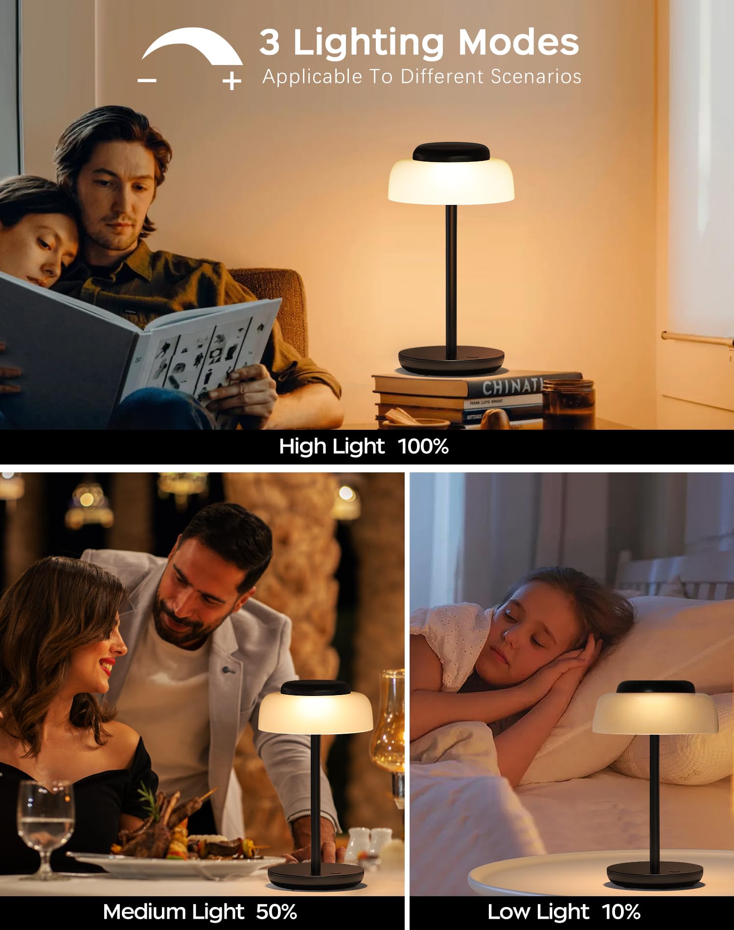 QiMH Battery Operated LED Table Lamp, 5000mAh Waterproof Cordless Desk Lamp with 3 Level Brightness Touch Control, Mini Rechargeable Night Light for Living Room, Bedroom, Outdoor bar (Black)