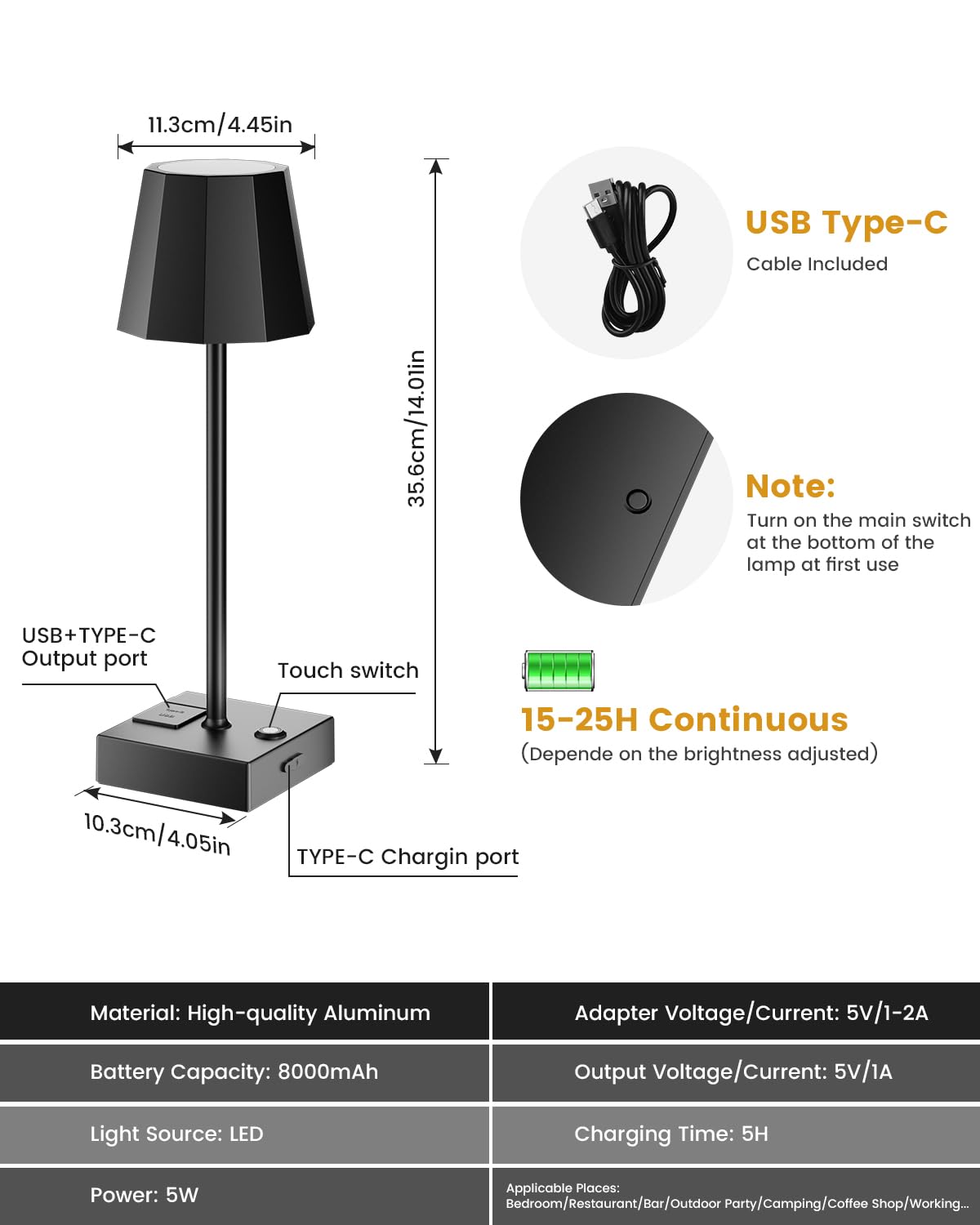 Niaycouky Cordless Table Lamp for Bedroom, 8000mAh Battery Operated Rechargeable Touch Lamp with USB Ports, Portable LED Desk Lamp 3 Color Stepless Dimming, Living Room/Restaurant//Bars/Party/Camping…