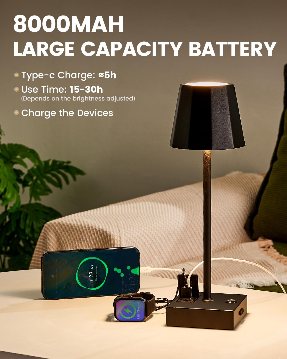 Niaycouky Cordless Table Lamp for Bedroom, 8000mAh Battery Operated Rechargeable Touch Lamp with USB Ports, Portable LED Desk Lamp 3 Color Stepless Dimming, Living Room/Restaurant//Bars/Party/Camping…