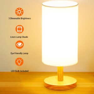 AFROG Table Lamp for Bedroom - 3 Way Dimmable Nightstand Lamp with Round Flaxen Fabric Shade for Living Room Kids Room Office Dorm,Solid Wood,12W, LED Bulb Included