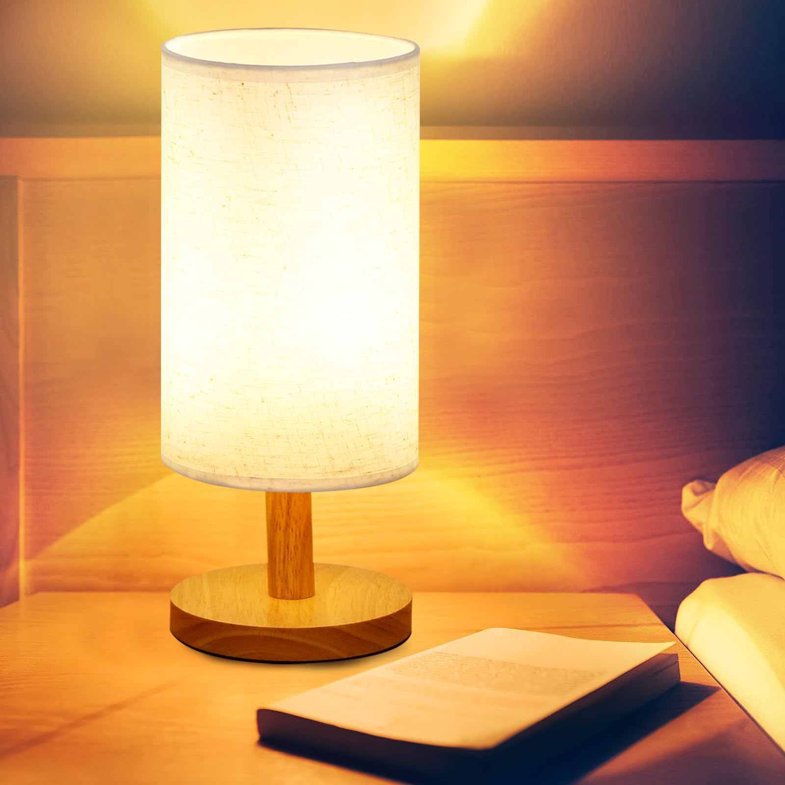 AFROG Table Lamp for Bedroom - 3 Way Dimmable Nightstand Lamp with Round Flaxen Fabric Shade for Living Room Kids Room Office Dorm,Solid Wood,12W, LED Bulb Included