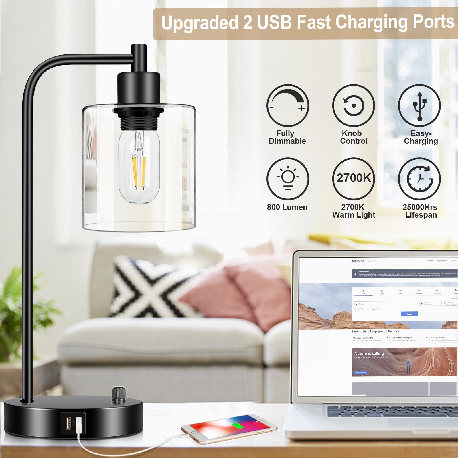 Industrial Table Lamp with 2 USB Charging Ports, Fully Stepless Dimmable Modern Nightstand Lamp, Glass Shade Bedside Desk Lamp for Bedroom Living Room Office, 6W 2700K LED Edison Bulb Included