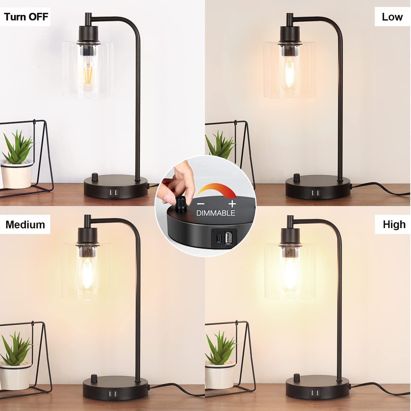 Industrial Table Lamp with 2 USB Charging Ports, Fully Stepless Dimmable Modern Nightstand Lamp, Glass Shade Bedside Desk Lamp for Bedroom Living Room Office, 6W 2700K LED Edison Bulb Included