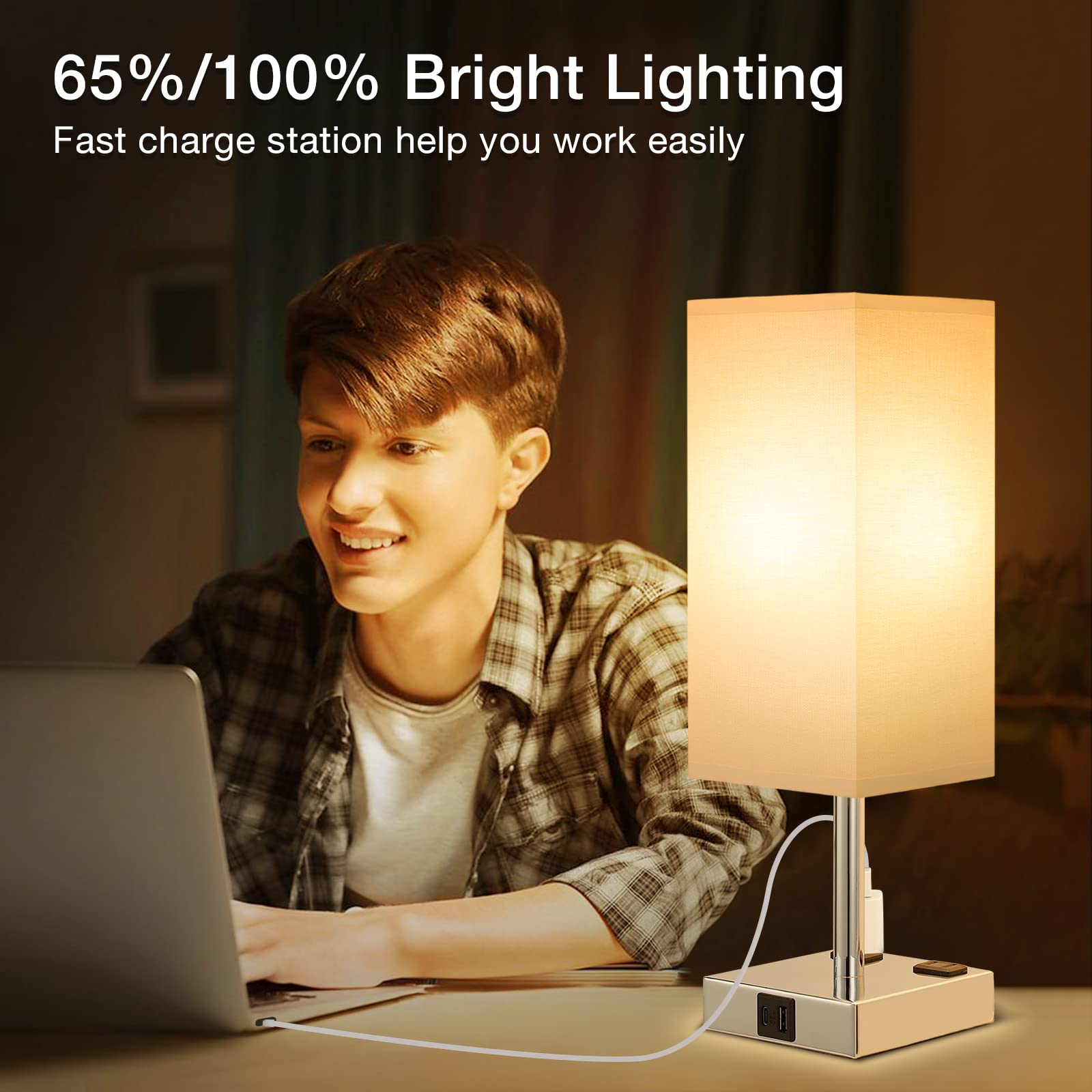 aooshine Set of 2 Touch Nightstand Lamp with USB-C+A Charge Ports& AC Outlets, 3-Way Dimmable Bedside Lamp with White Fabric Shade,Small Table Lamp for Bedroom Guest Room(Bulb Included)