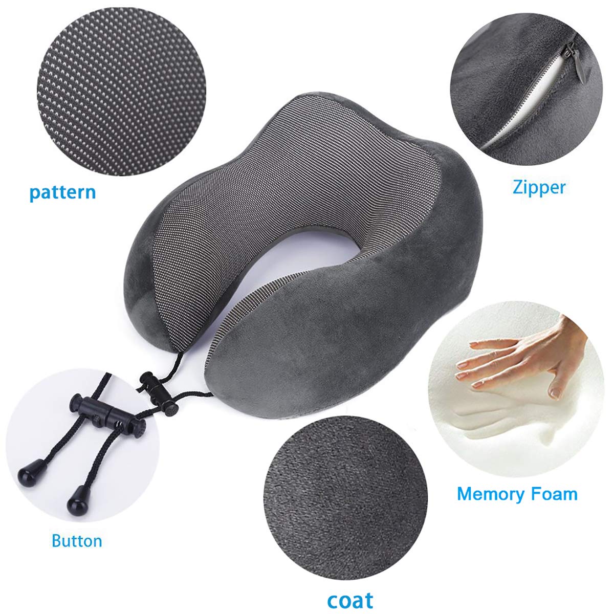 Travel Pillow, Best Memory Foam Neck Pillow Head Support Soft Pillow for Sleeping Rest, Airplane Car & Home Use (Grey)