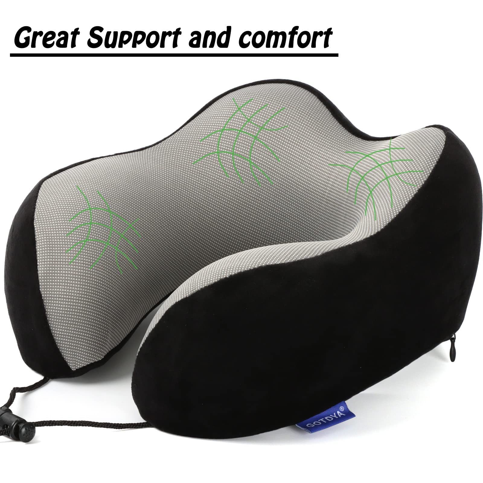 GOTDYA Travel Pillow,Travel Neck Pillows for Sleeping,100% Pure Memory Foam Soft Comfort & Support Pillow for Airplane/Car/Office&Home Rest Use-Black