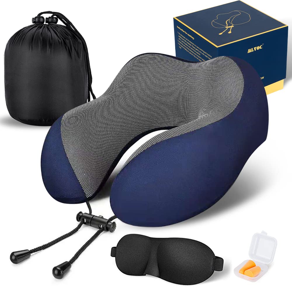 MLVOC Travel Pillow 100% Pure Memory Foam Neck Pillow, Comfortable & Breathable Cover, Machine Washable, Airplane Travel Kit with 3D Contoured Eye Masks, Earplugs, and Luxury Bag, Standard (Blue)