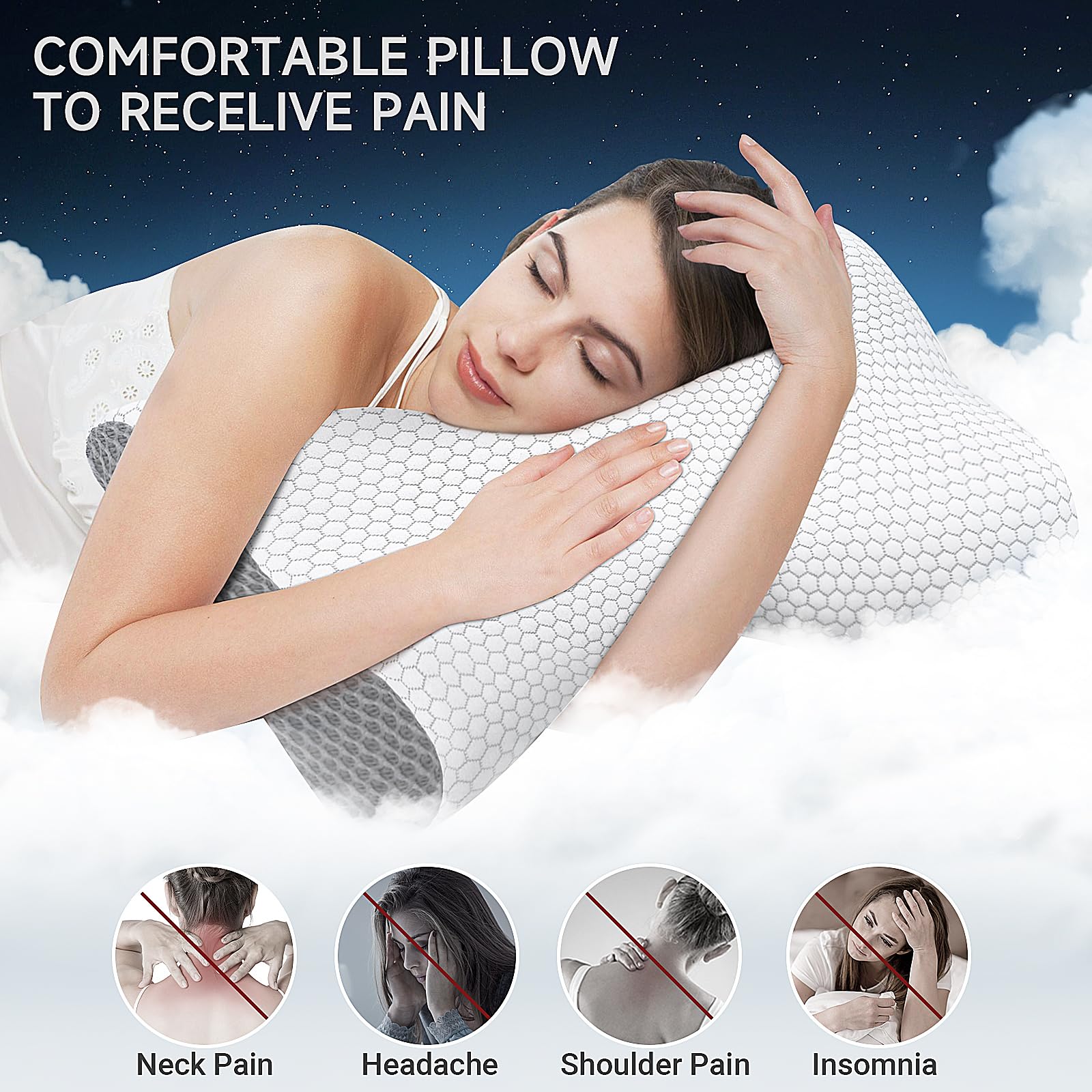 CushZone Neck Pillow,Memory Foam Pillow,Ergonomic Cervical Pillow for Pain Relief, Premium Bed Pillows,Support for Neck&Shoulder,for Side Back Stomach Sleeper, Dorm Room Essentials,Standard Size,Grey