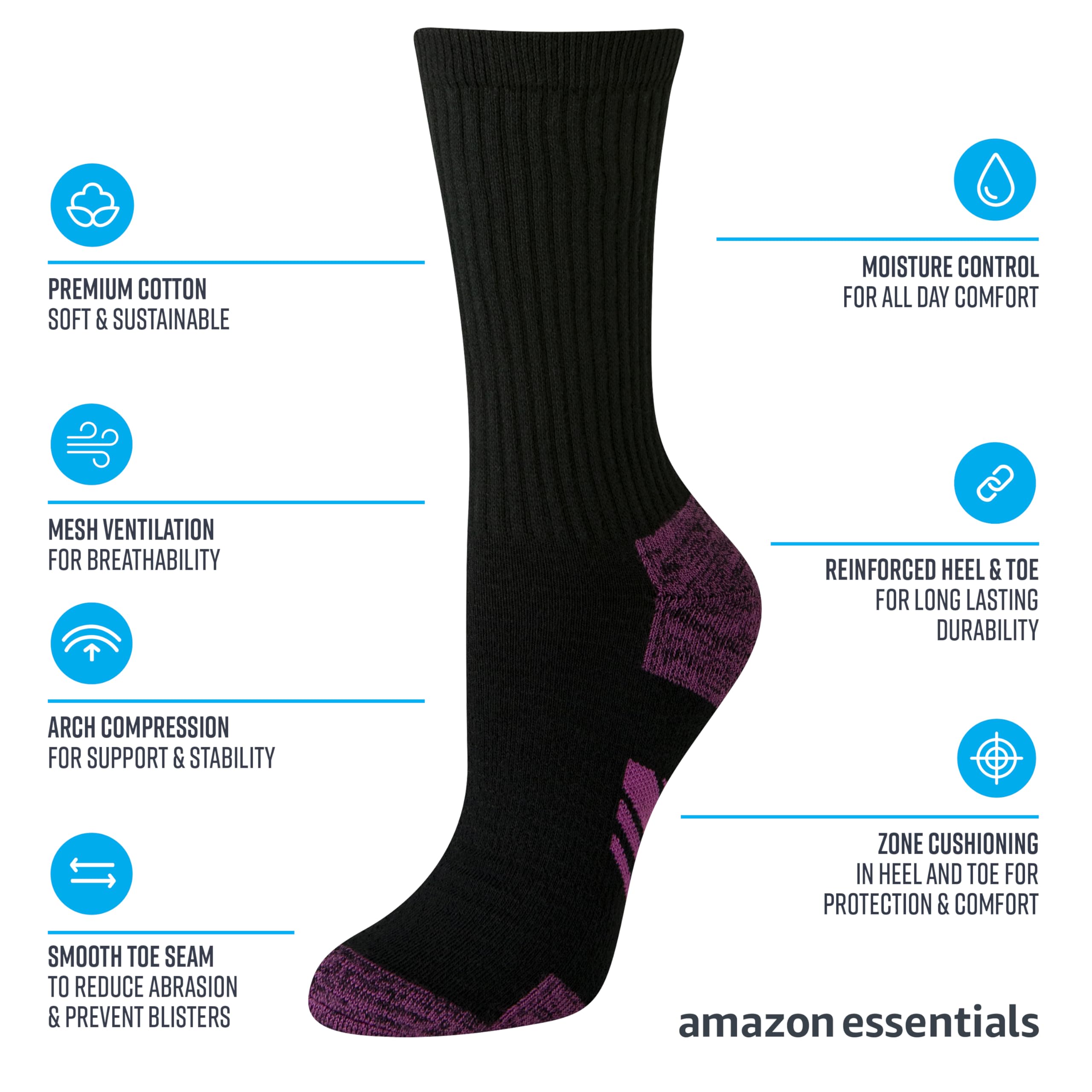 Amazon Essentials Women's Performance Cotton Cushioned Athletic Crew Socks, 6 Pairs, Grey Heather, 8-12