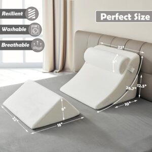 Ganaver 4pcs Orthopedic Bed Wedge Pillow Set Post Surgery Relaxing Back Adjustable Head Support Cushion Triangle Memory Foam Pillow for Acid Reflux Sleeping Reading Leg Elevation Snoring White