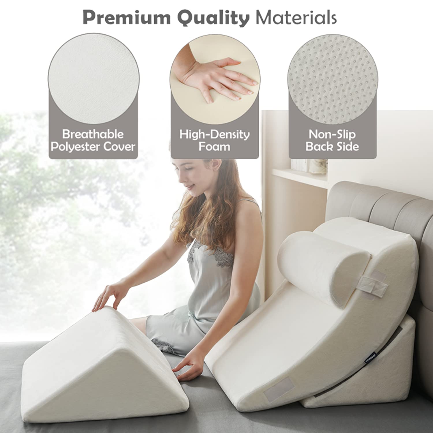 Ganaver 4pcs Orthopedic Bed Wedge Pillow Set Post Surgery Relaxing Back Adjustable Head Support Cushion Triangle Memory Foam Pillow for Acid Reflux Sleeping Reading Leg Elevation Snoring White