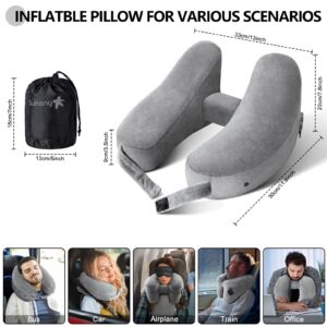 Neck Pillow for Travel Inflatable Airplane Pillow Comfortably Supports Head, Neck and Chin, Inflatable Travel Pillow with Soft Velour Cover and Portable Drawstring Bag (Grey)