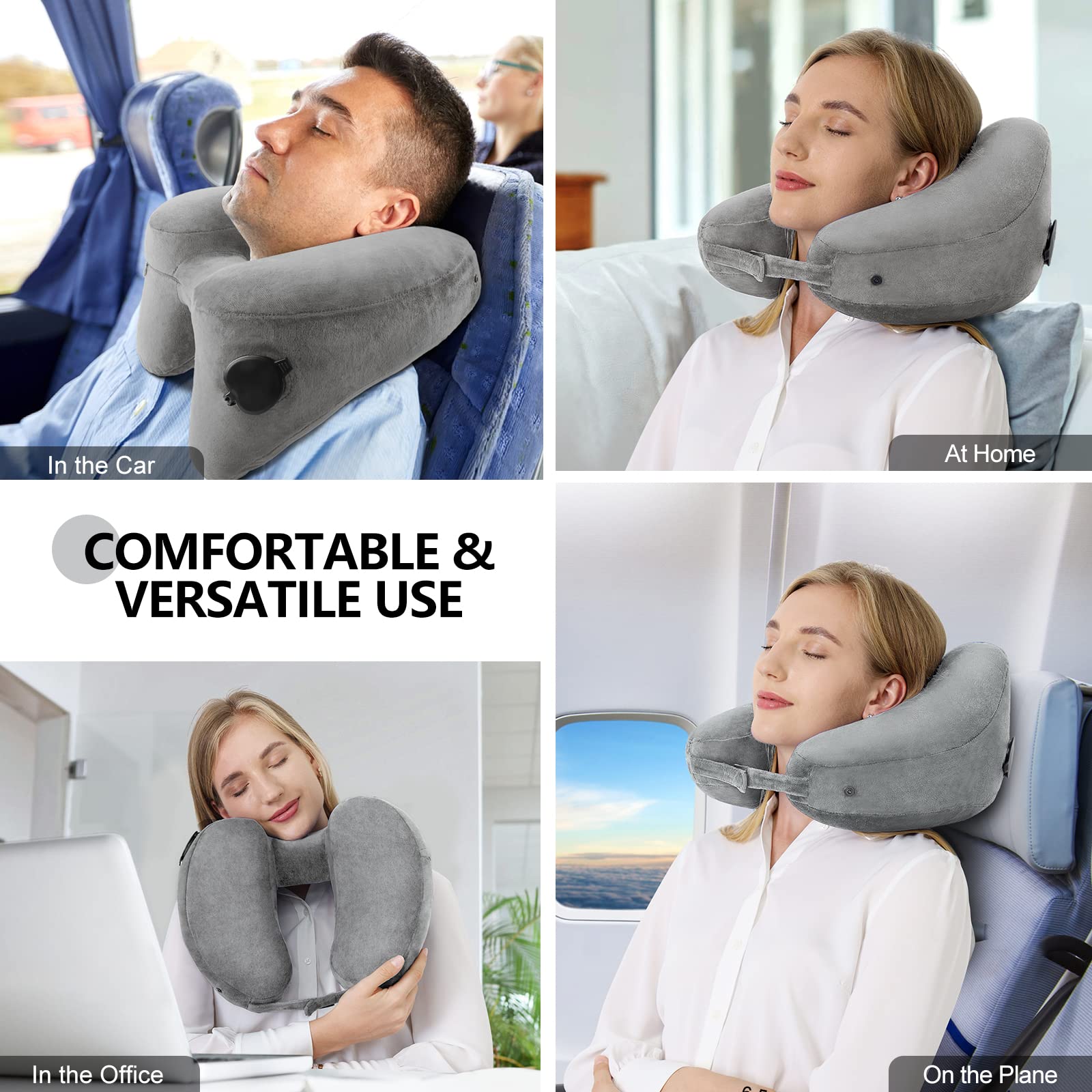 Neck Pillow for Travel Inflatable Airplane Pillow Comfortably Supports Head, Neck and Chin, Inflatable Travel Pillow with Soft Velour Cover and Portable Drawstring Bag (Grey)