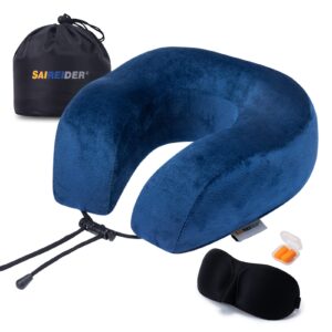 saireider travel pillow 100% memory foam airplanes neck pillows -prevent the heads from falling forward travel neck pillows with sleep mask and earplugs (navy blue)