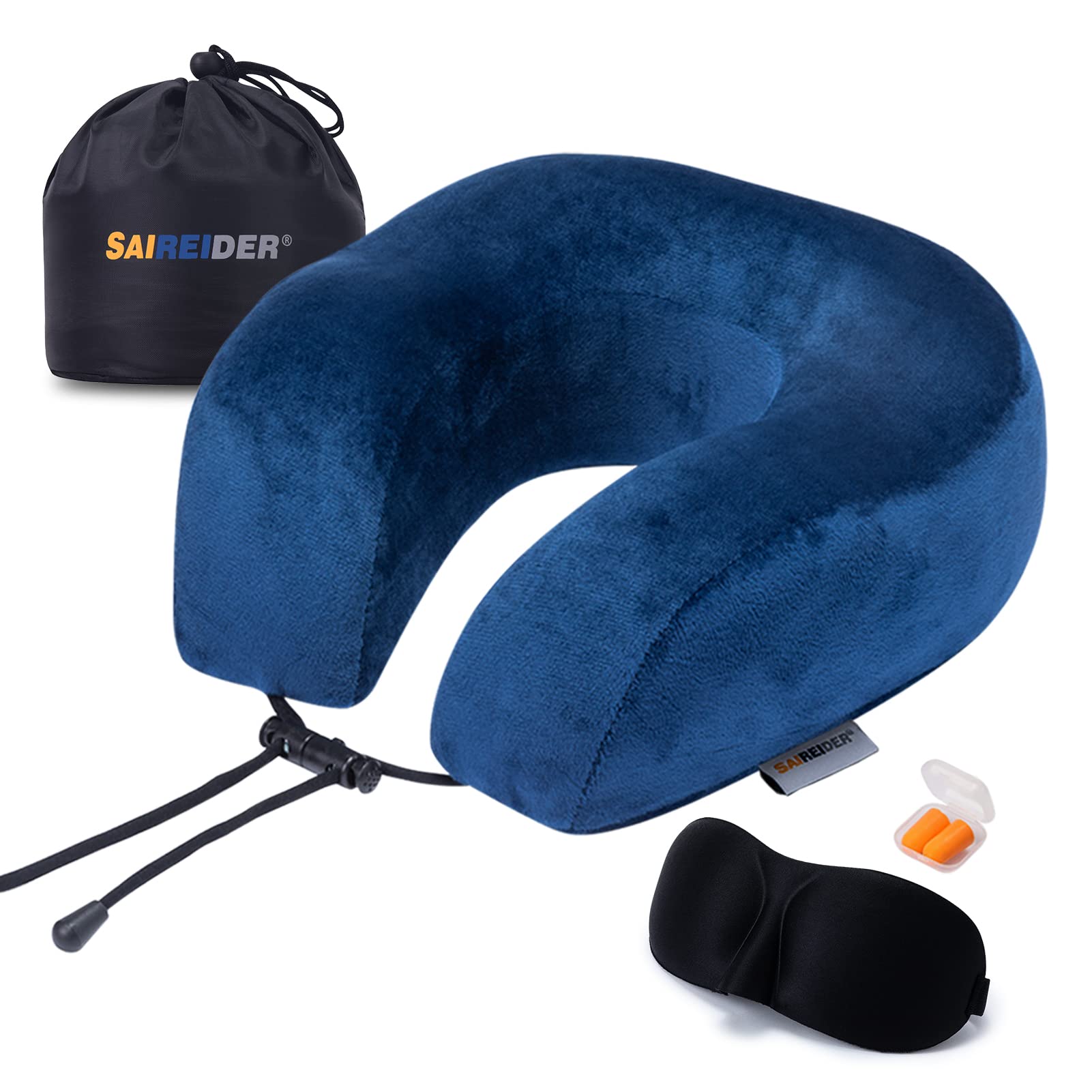 SAIREIDER Travel Pillow 100% Memory Foam Airplanes Neck Pillows -Prevent The Heads from Falling Forward Travel Neck Pillows with Sleep Mask and Earplugs (Navy Blue)