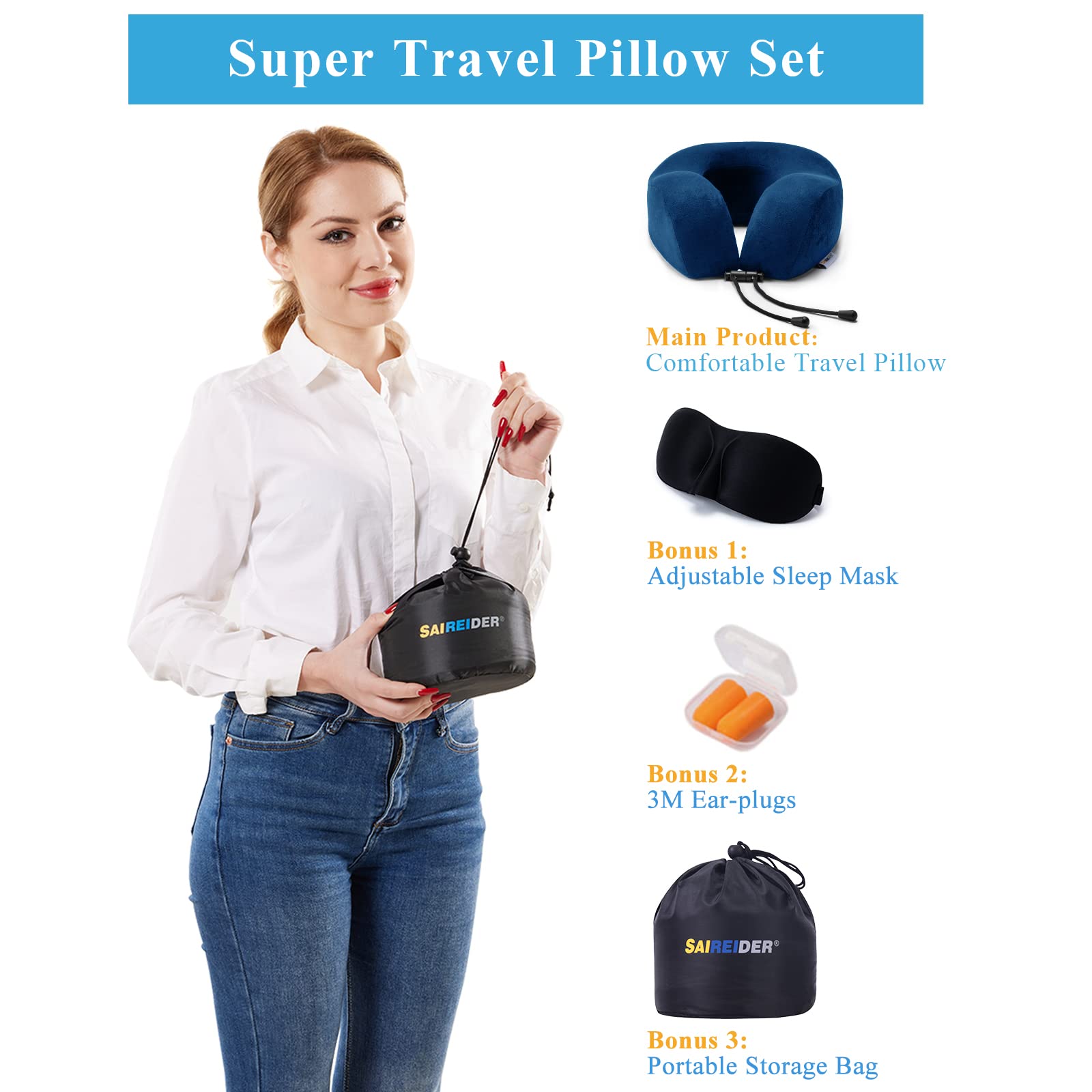 SAIREIDER Travel Pillow 100% Memory Foam Airplanes Neck Pillows -Prevent The Heads from Falling Forward Travel Neck Pillows with Sleep Mask and Earplugs (Navy Blue)