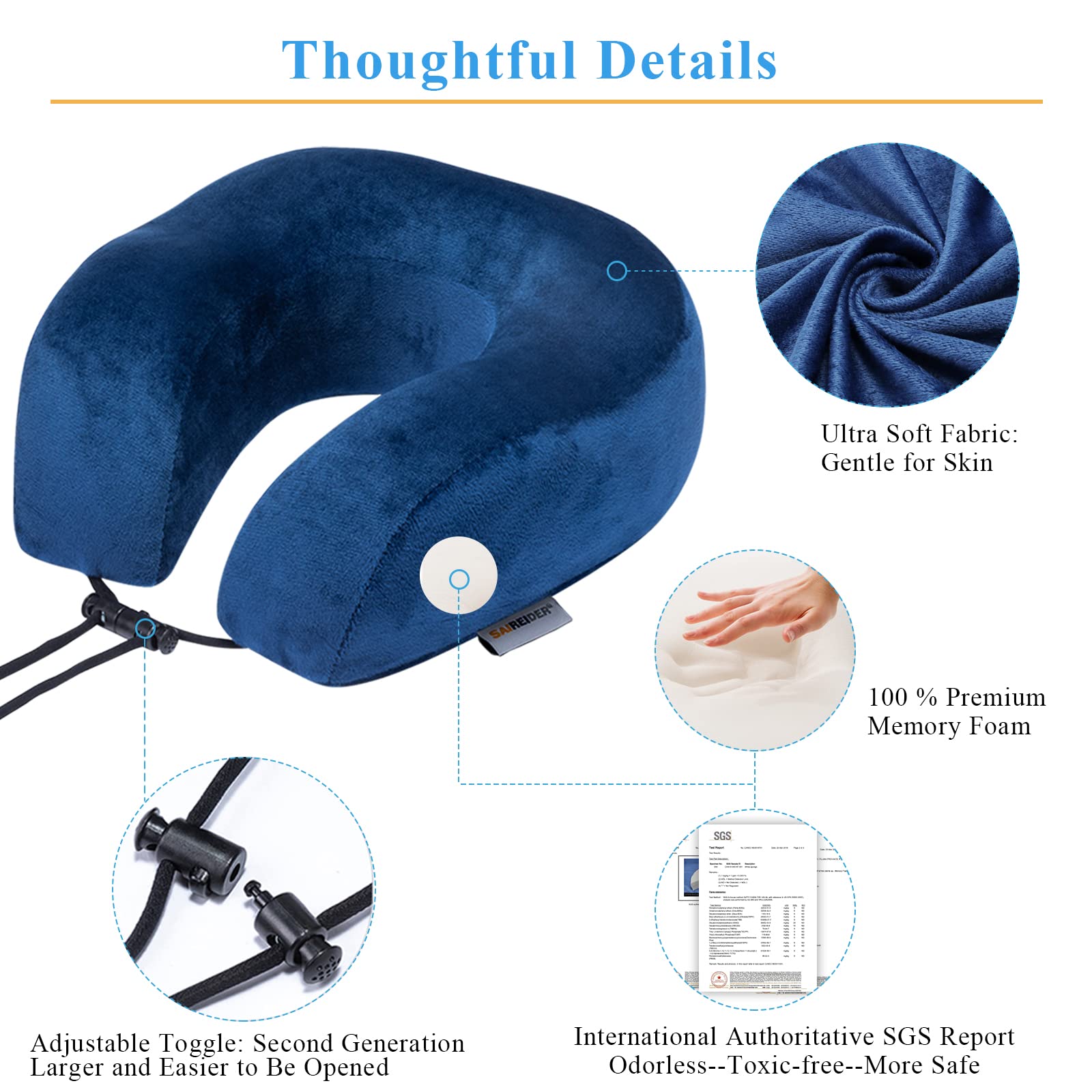 SAIREIDER Travel Pillow 100% Memory Foam Airplanes Neck Pillows -Prevent The Heads from Falling Forward Travel Neck Pillows with Sleep Mask and Earplugs (Navy Blue)