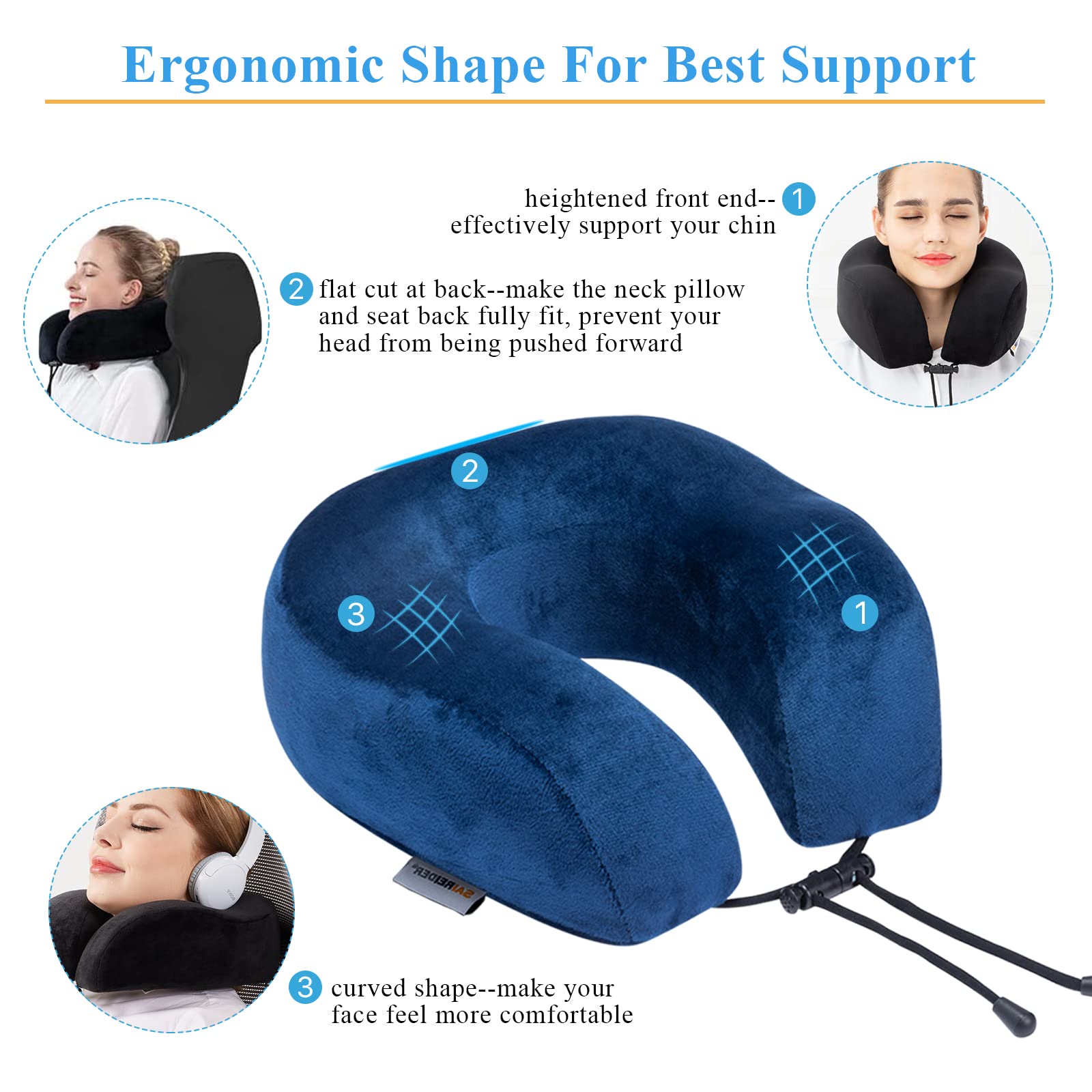 SAIREIDER Travel Pillow 100% Memory Foam Airplanes Neck Pillows -Prevent The Heads from Falling Forward Travel Neck Pillows with Sleep Mask and Earplugs (Navy Blue)