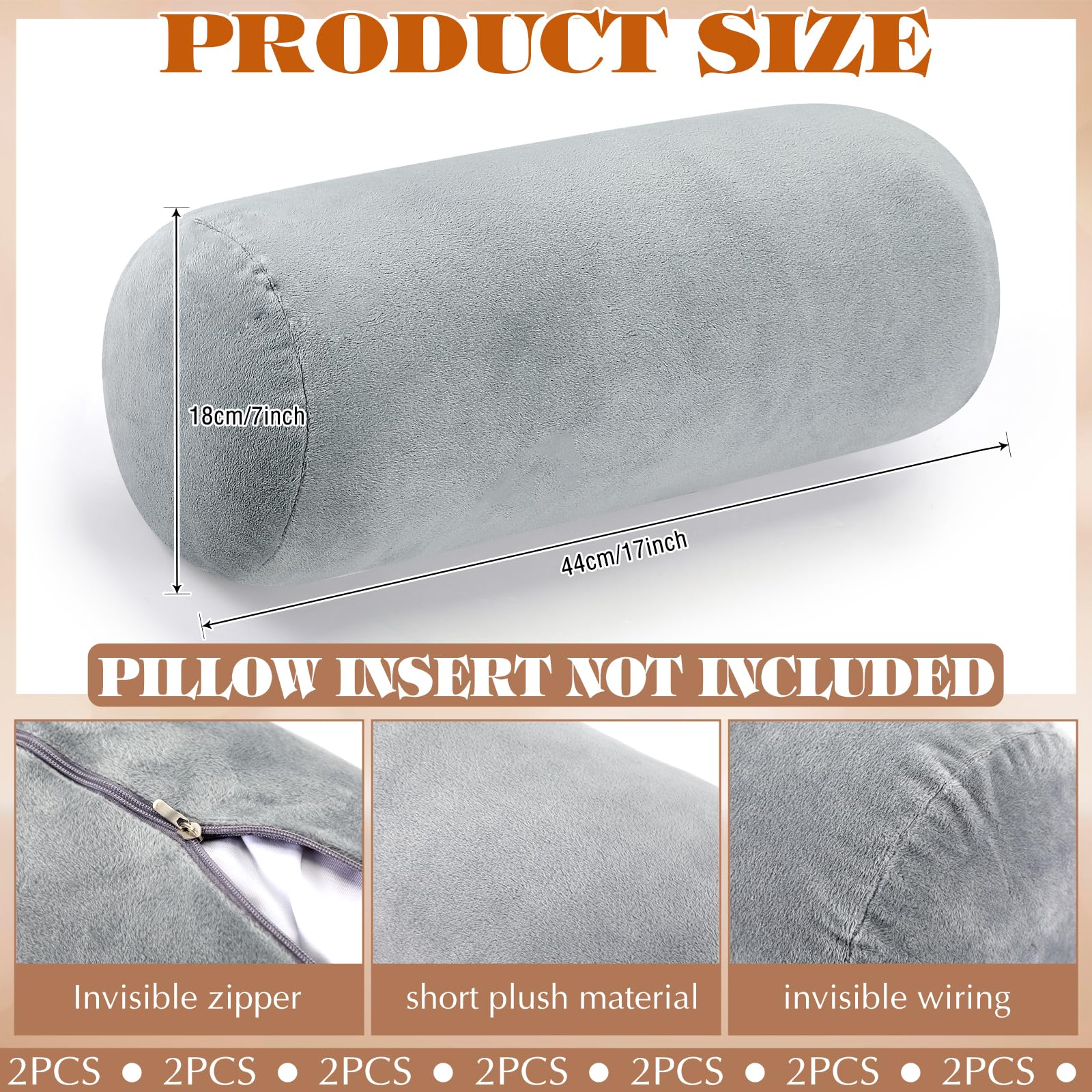 Newwiee 2 Pcs Cervical Neck Roll Pillow Cover 17x7 Inch Round Pillow Covers with Zipper Cylinder Neck Roll Pillow Case Soft Bolster Pillowcases for House Home Decor Cylindrical Pillow Cushion (Gray)