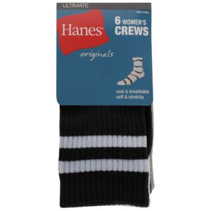 Hanes Originals Ultimate Women's, Ankle and No Show Socks, 6-Pack, Crew-Black White Stripe Assorted6 Pack, 5-9