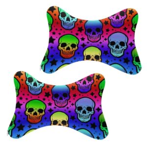 MZERSE Car Headrest Pillow Compatible with Gothic Colorful Neon Skulls, Cartoon Neck Pillow for Car, 2 Pcs Comfortable Soft Car Seat Pillow for Driving,Head Rest Cushion, Cute Neck Pillow for Travel