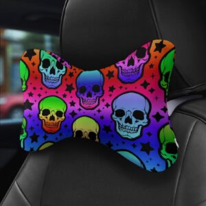 MZERSE Car Headrest Pillow Compatible with Gothic Colorful Neon Skulls, Cartoon Neck Pillow for Car, 2 Pcs Comfortable Soft Car Seat Pillow for Driving,Head Rest Cushion, Cute Neck Pillow for Travel