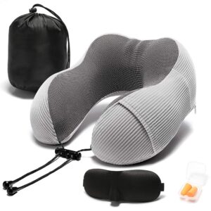 travel pillow, memory foam neck pillow with 360-degree head support comfortable airplane pillow with storage bag lightweight traveling pillow for sleeping, car, train, bus and home use(gray)