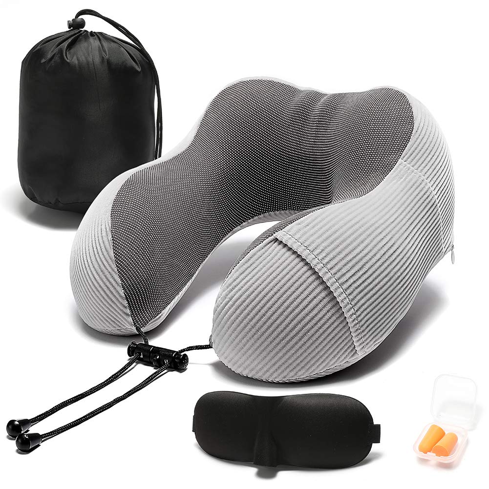 Travel Pillow, Memory Foam Neck Pillow with 360-Degree Head Support Comfortable Airplane Pillow with Storage Bag Lightweight Traveling Pillow for Sleeping, Car, Train, Bus and Home Use(Gray)