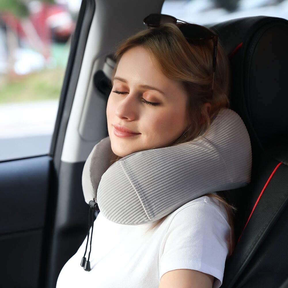 Travel Pillow, Memory Foam Neck Pillow with 360-Degree Head Support Comfortable Airplane Pillow with Storage Bag Lightweight Traveling Pillow for Sleeping, Car, Train, Bus and Home Use(Gray)