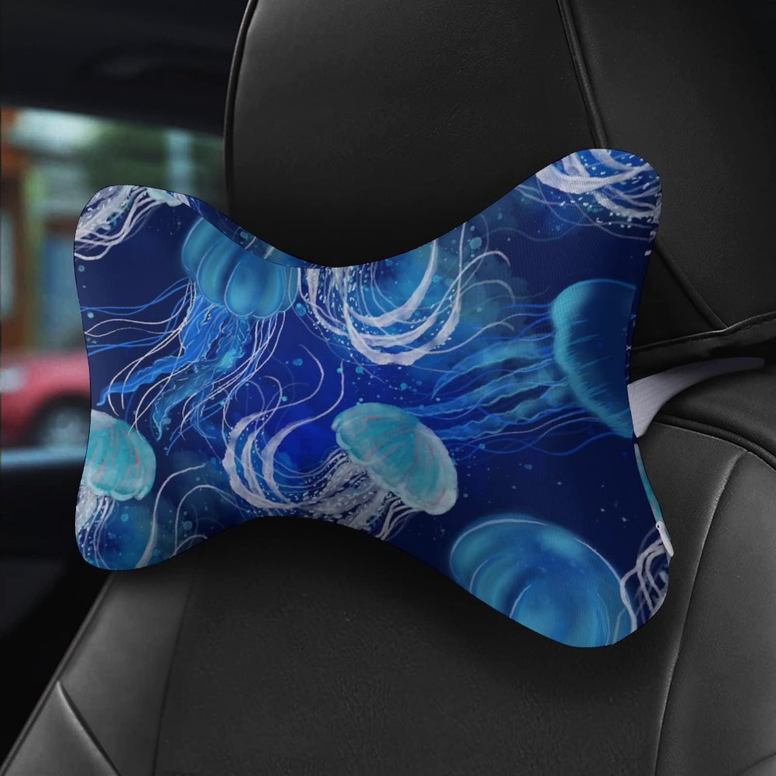 MZERSE Car Seat Head & Neck Rest Pillow - Auto Headrest Bone Shape Pillow Cushion Soft and Comfortable for Travel, 2 Piece Compatible with Underwater Blue Jellyfish