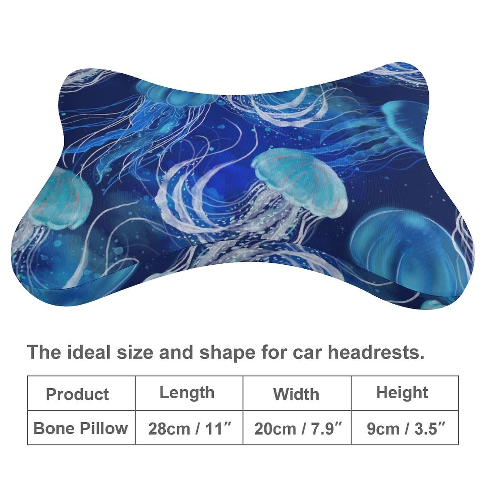 MZERSE Car Seat Head & Neck Rest Pillow - Auto Headrest Bone Shape Pillow Cushion Soft and Comfortable for Travel, 2 Piece Compatible with Underwater Blue Jellyfish