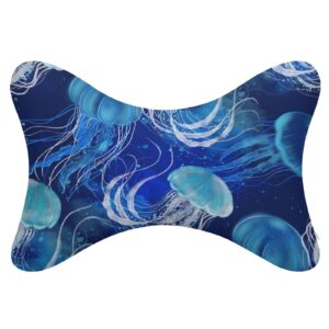 MZERSE Car Seat Head & Neck Rest Pillow - Auto Headrest Bone Shape Pillow Cushion Soft and Comfortable for Travel, 2 Piece Compatible with Underwater Blue Jellyfish