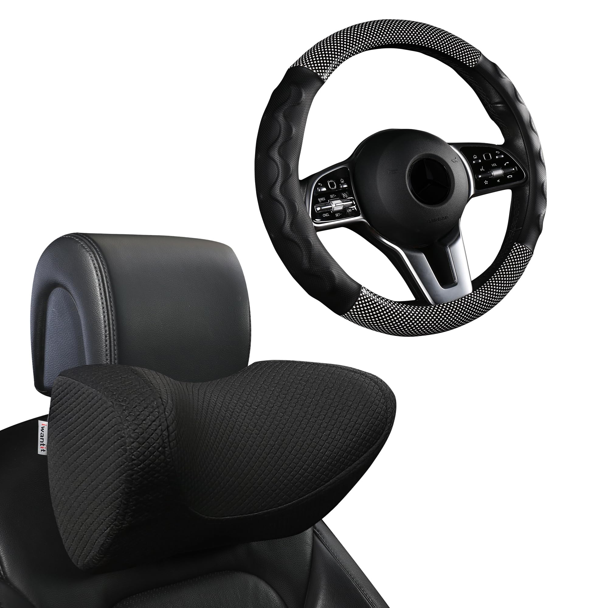 iwantit Black Car Seat Neck Pillow and The Black/White Gel Steering Wheel Cover