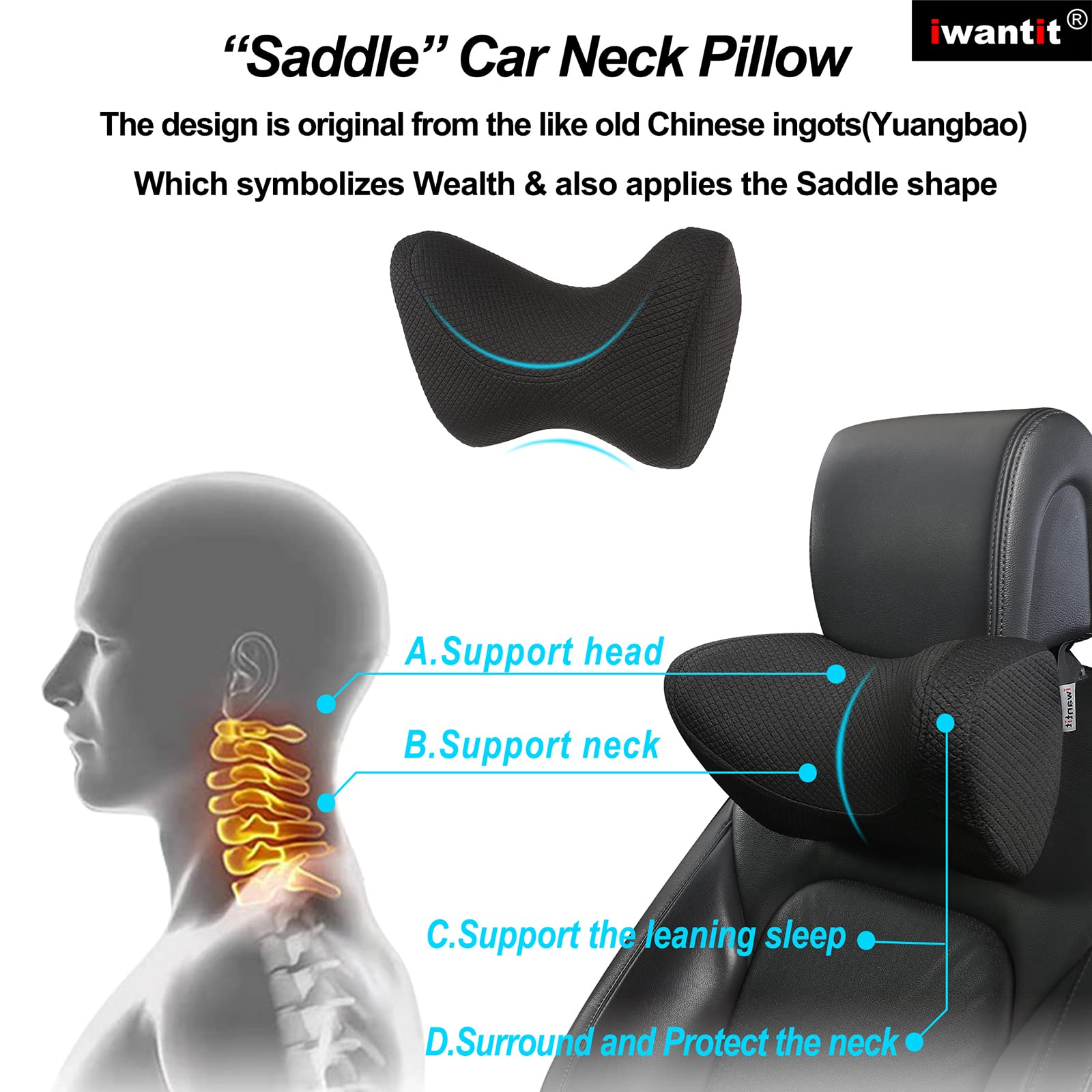 iwantit Black Car Seat Neck Pillow and The Black/White Gel Steering Wheel Cover