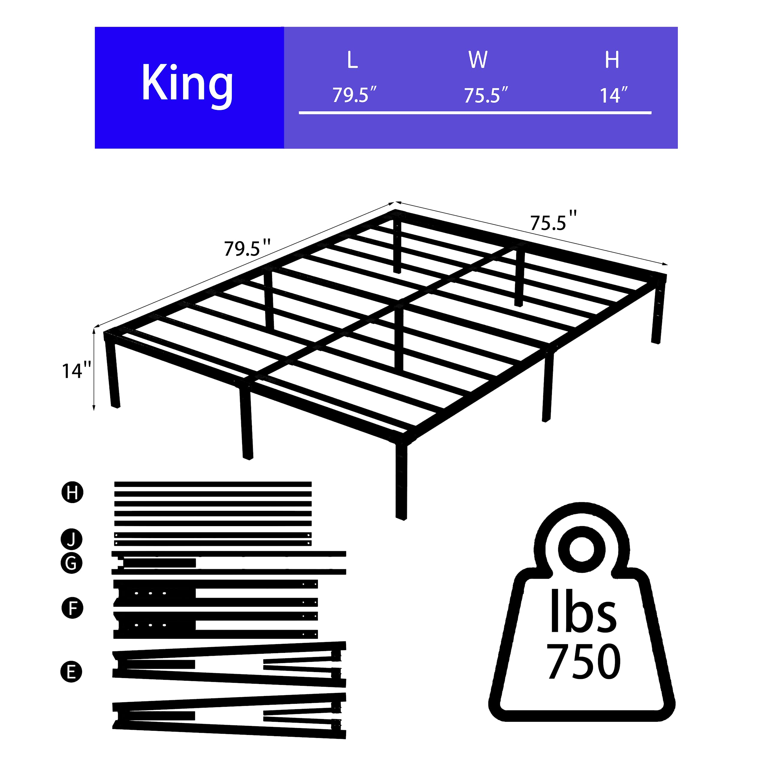 DERYONI 14 inch King Size Bed Frame No Box Spring Needed Heavy Duty Platform King Bed Frame Steel Slat Support 750lbs Easy Assembly Noise Free Black Bed Frame King Size