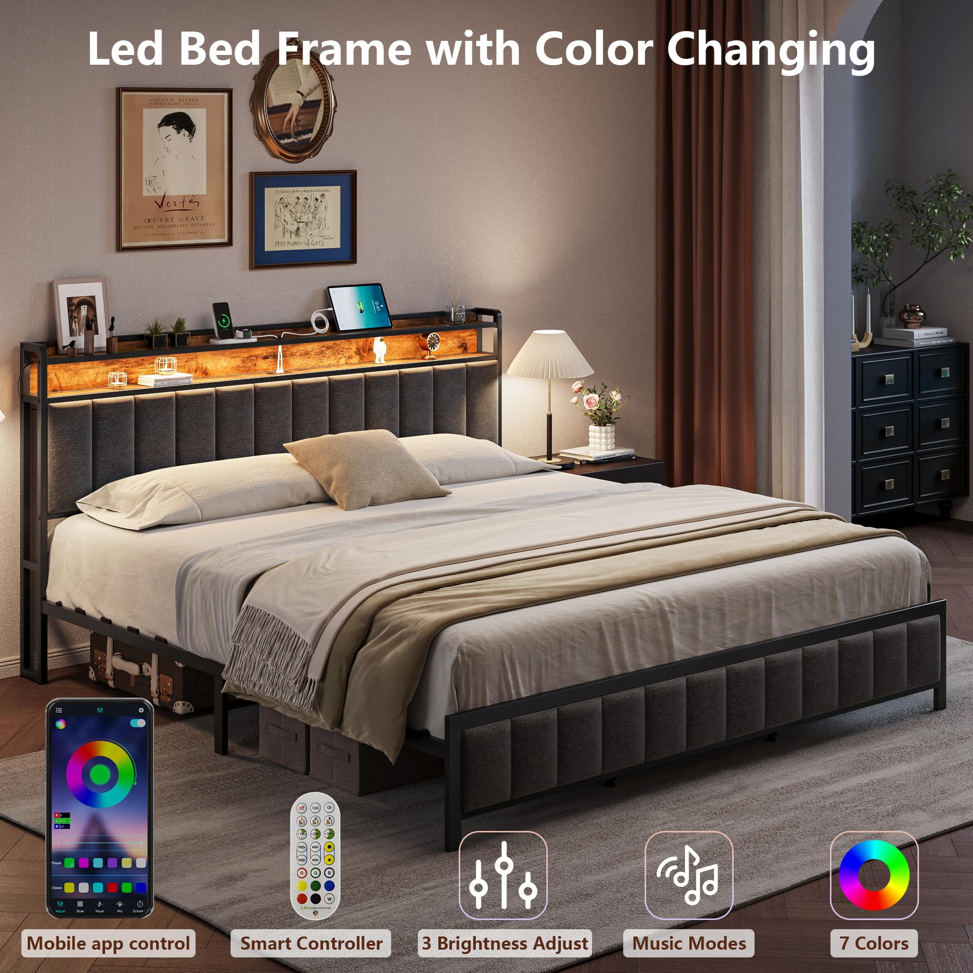 MEIJUJIA King Bed Frame with Charging Station, Upholstered King Size Bed Frame with LED Lights Headboard, No Box Spring Needed, Easy Assembly - Grey