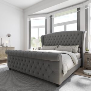 amerlife king size platform bed frame, velvet upholstered sleigh bed with scroll wingback headboard & footboard/button tufted/no box spring required/grey