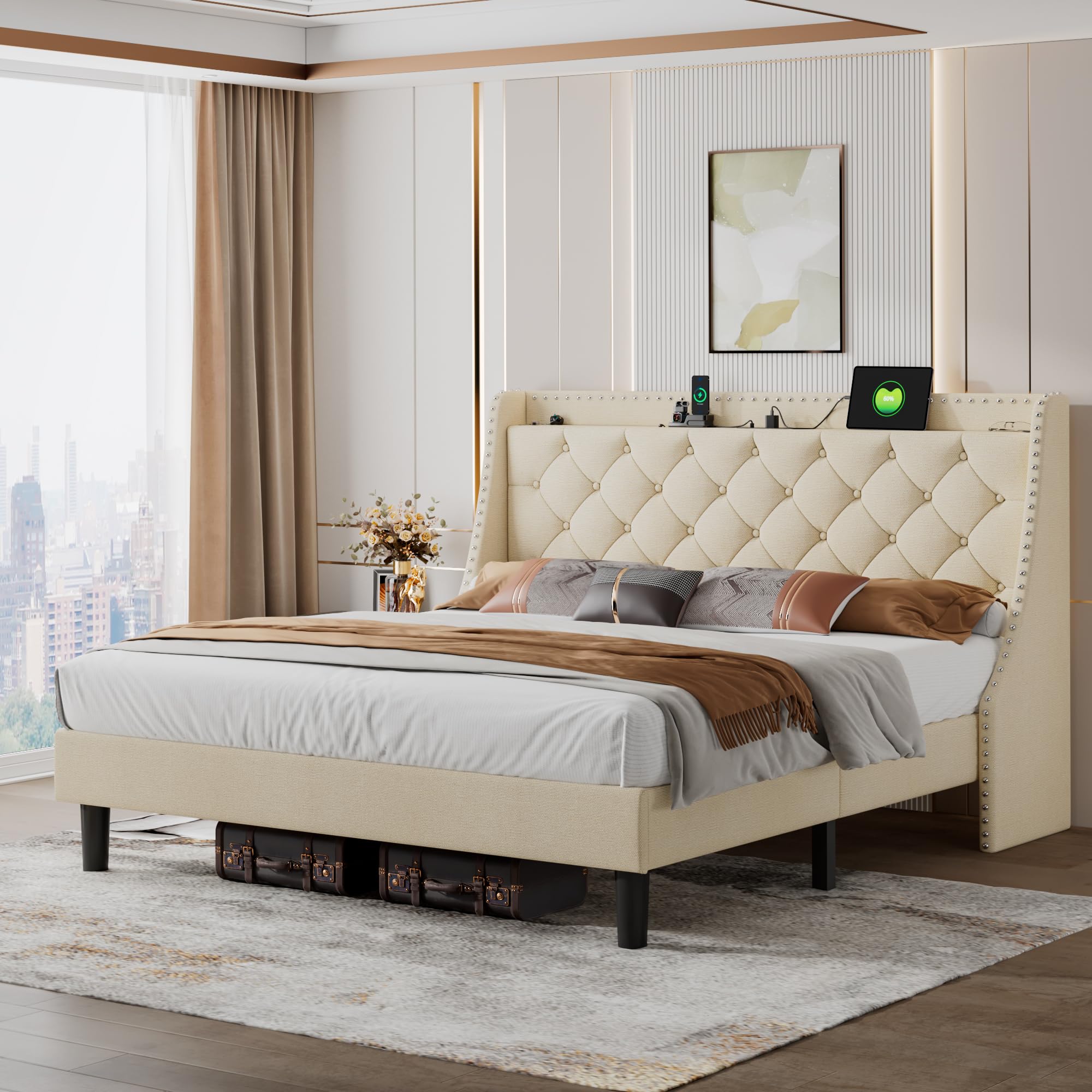 iPormis King Bed Frame with 16" Deluxe Wingback & USB & Type-C Ports, Upholstered Platform Beds with Button Tufted Storage Headboard, Solid Wood Slats Support, No Box Spring Needed, Beige