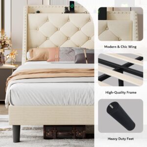 iPormis King Bed Frame with 16" Deluxe Wingback & USB & Type-C Ports, Upholstered Platform Beds with Button Tufted Storage Headboard, Solid Wood Slats Support, No Box Spring Needed, Beige