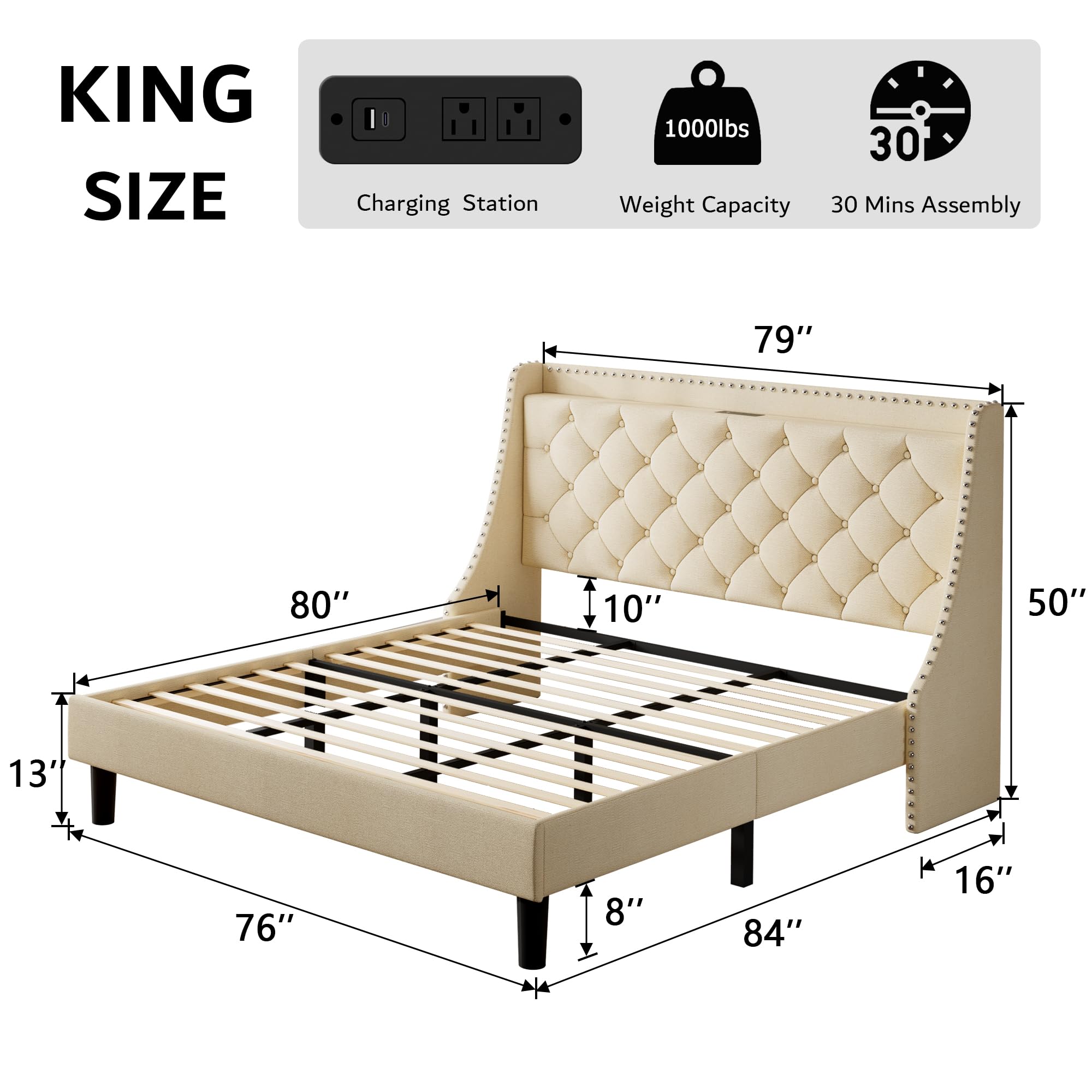 iPormis King Bed Frame with 16" Deluxe Wingback & USB & Type-C Ports, Upholstered Platform Beds with Button Tufted Storage Headboard, Solid Wood Slats Support, No Box Spring Needed, Beige