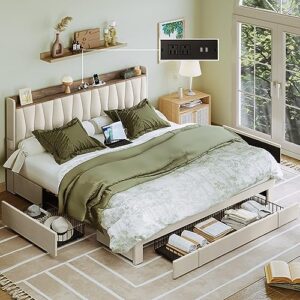 anctor king size bed frame with storage headboard and charging station, upholstered platform bed with 3 drawers, no box spring needed, easy assembly, beige